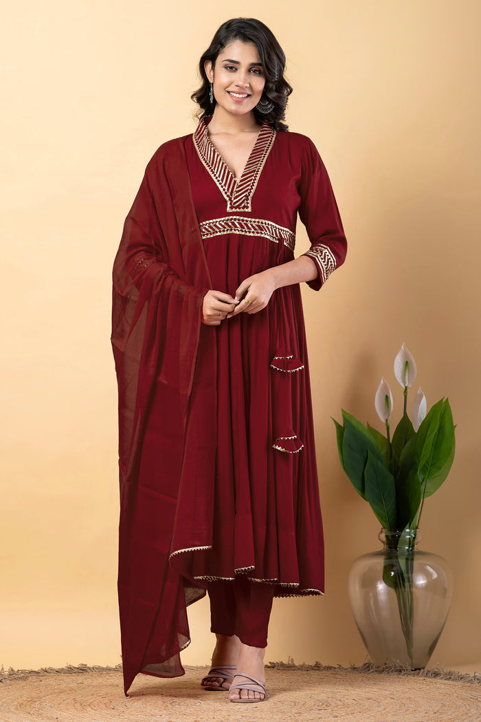 Maroon Rayon Gota Work Anarkali Set
