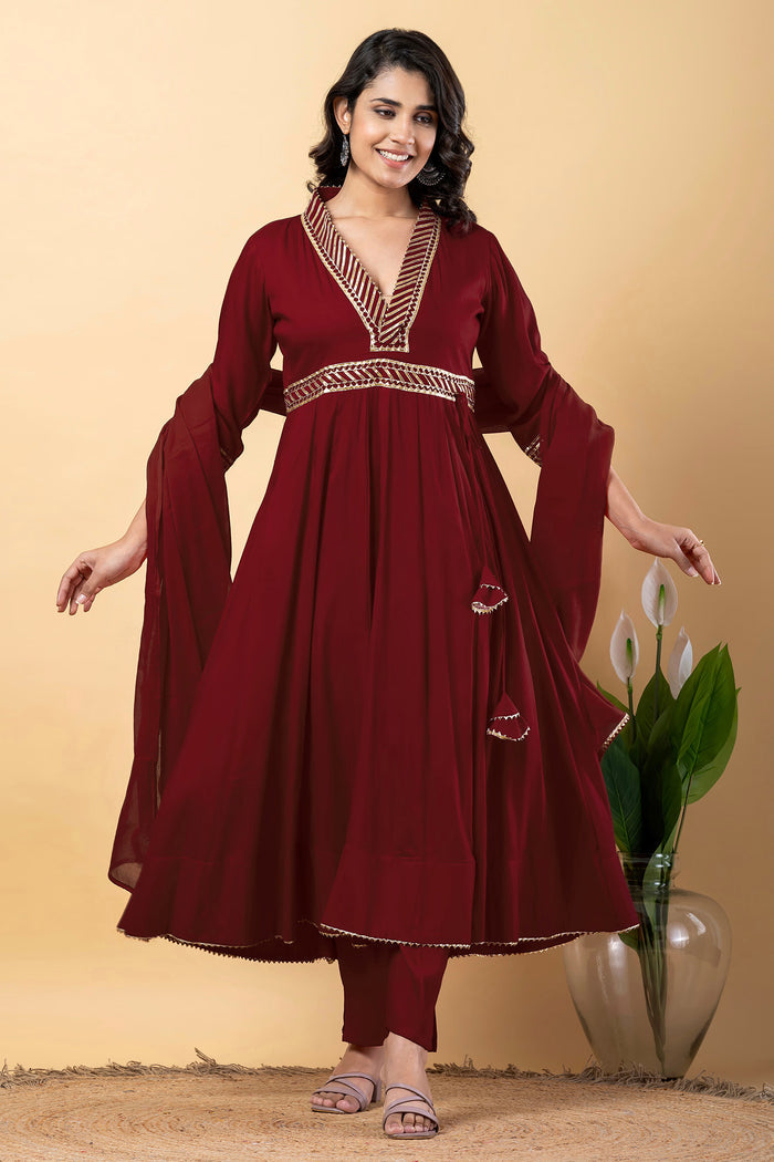 Maroon Rayon Gota Work Anarkali Set