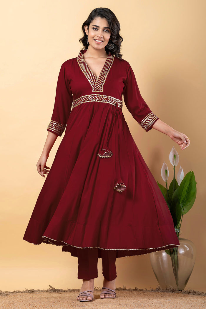 Maroon Rayon Gota Work Anarkali Set
