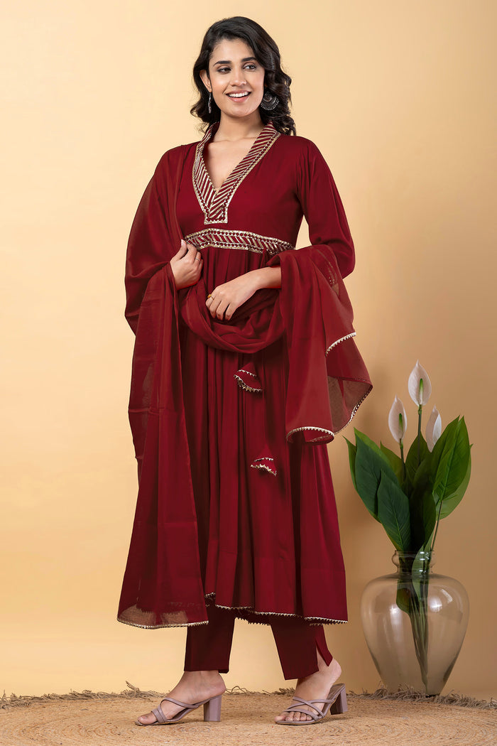 Maroon Rayon Gota Work Anarkali Set
