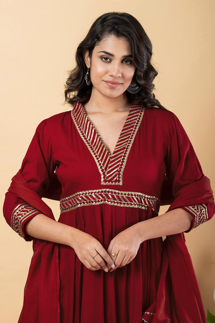 Maroon Rayon Gota Work Anarkali Set