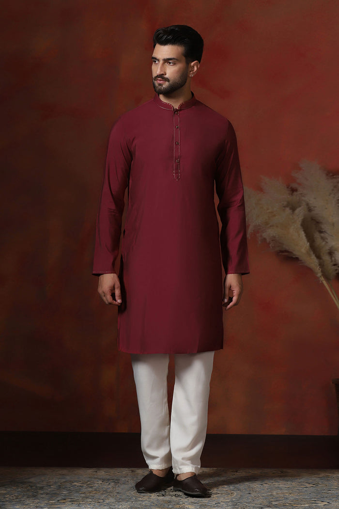 Maroon Solid Dupion Solid Kurta Set