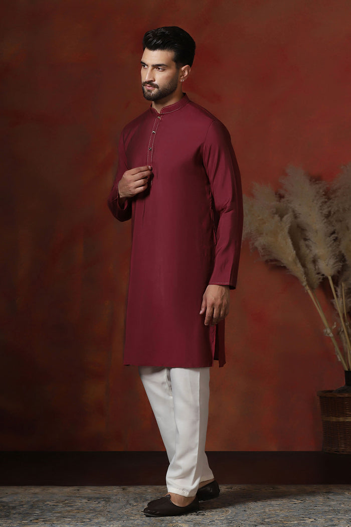 Maroon Solid Dupion Solid Kurta Set