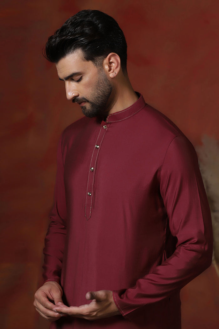 Maroon Solid Dupion Solid Kurta Set