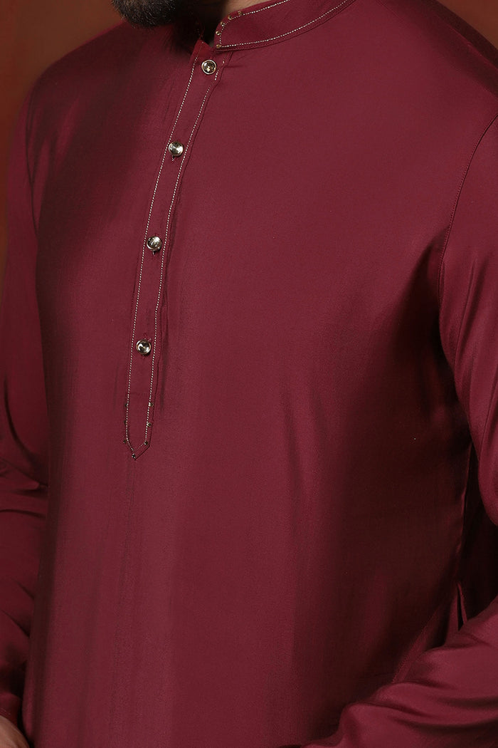 Maroon Solid Dupion Solid Kurta Set