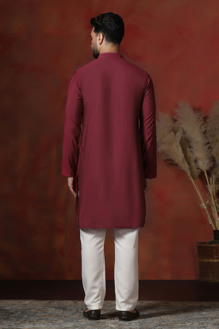 Maroon Solid Dupion Solid Kurta Set