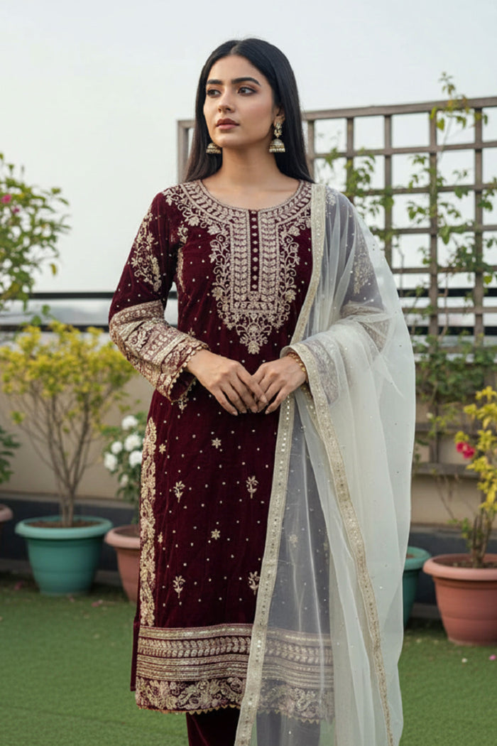 Maroon Velvet Floral Embroidered Kurta Set