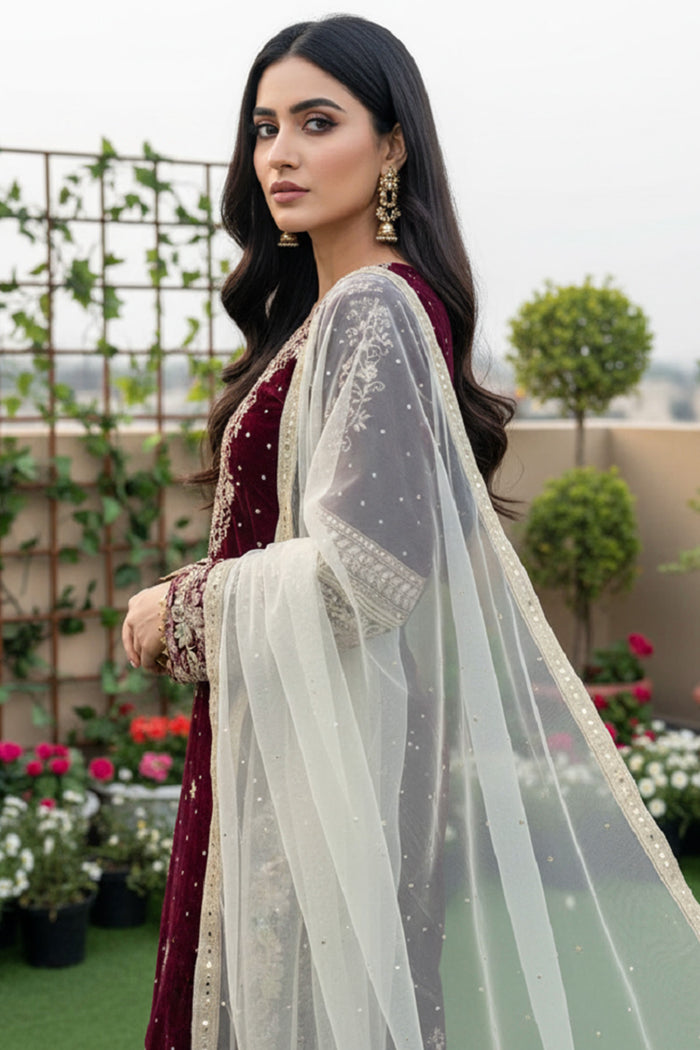 Maroon Velvet Floral Embroidered Kurta Set