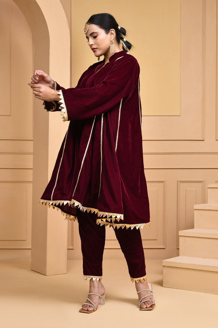 Maroon Velvet Kurta Set