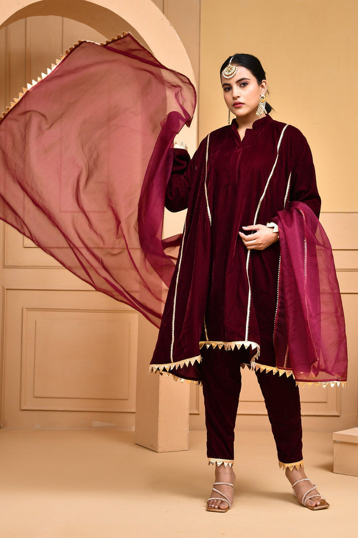 Maroon Velvet Kurta Set