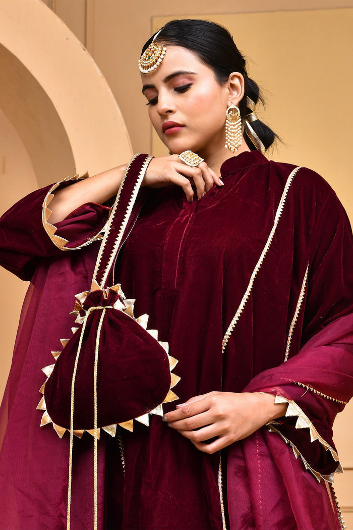 Maroon Velvet Kurta Set