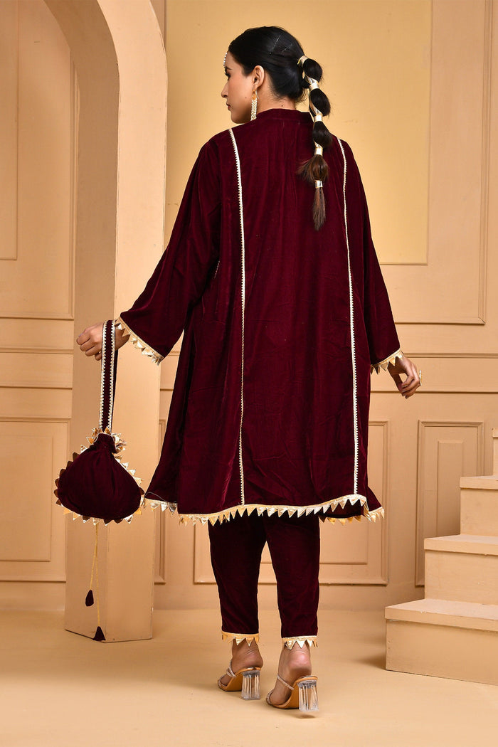 Maroon Velvet Kurta Set