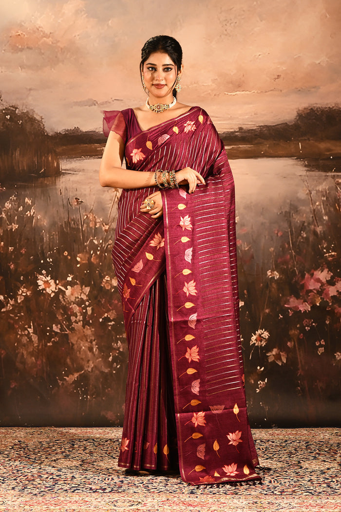 Maroon With Stripes Pattern And Embroidered Floral Border Designer Saree
