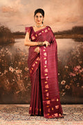 Maroon With Stripes Pattern And Embroidered Floral Border Designer Saree