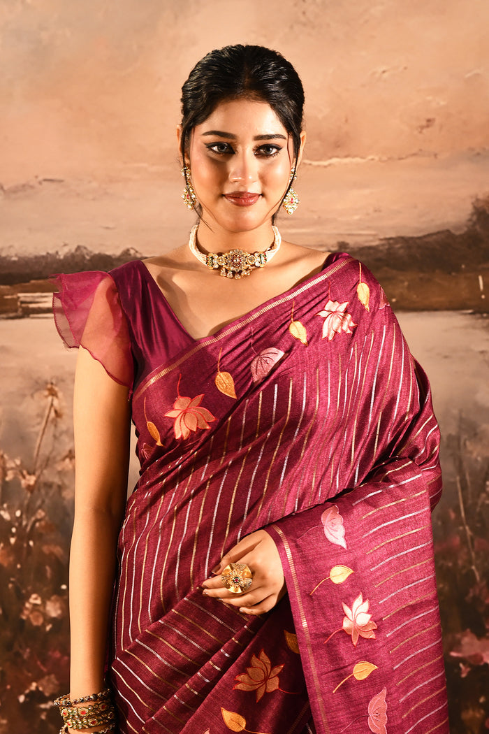 Maroon With Stripes Pattern And Embroidered Floral Border Designer Saree