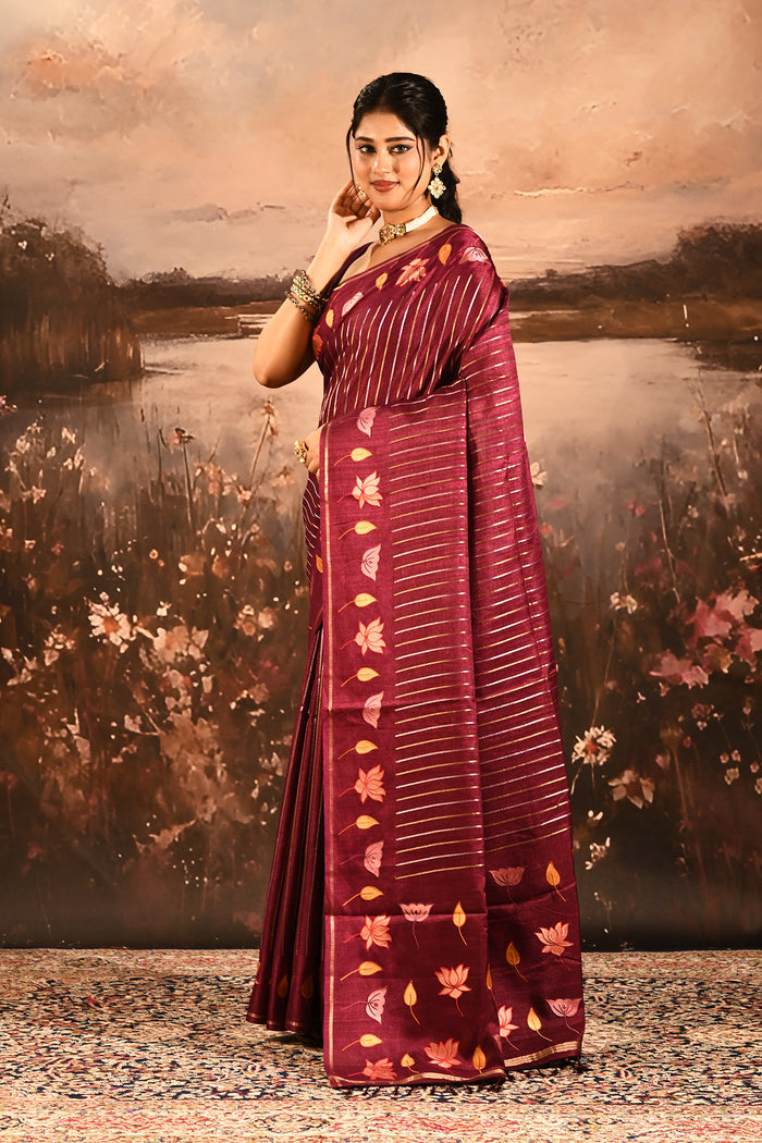 Maroon With Stripes Pattern And Embroidered Floral Border Designer Saree