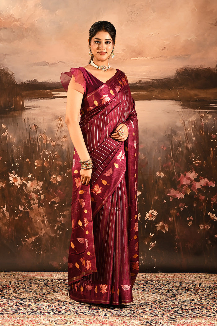 Maroon With Stripes Pattern And Embroidered Floral Border Designer Saree