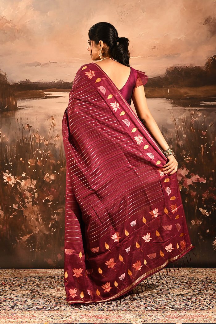Maroon With Stripes Pattern And Embroidered Floral Border Designer Saree