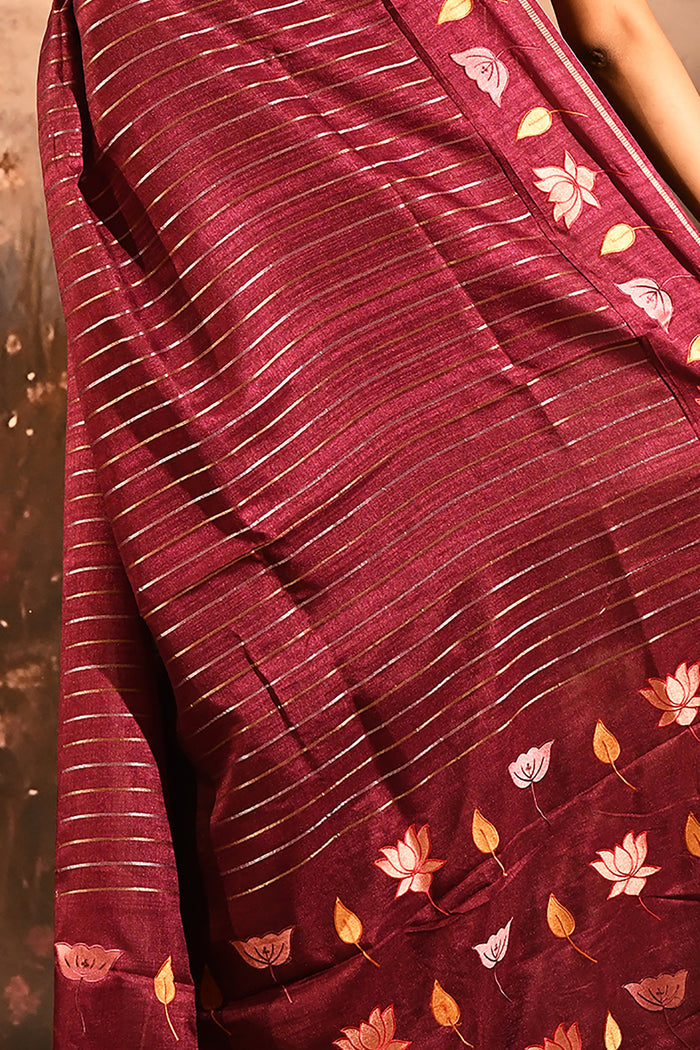 Maroon With Stripes Pattern And Embroidered Floral Border Designer Saree
