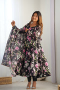 Matte Black Organza Floral Printed Anarkali Set
