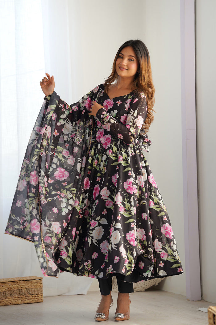 Matte Black Organza Floral Printed Anarkali Set