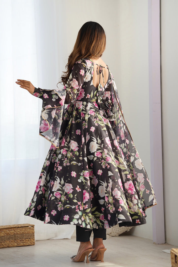 Matte Black Organza Floral Printed Anarkali Set