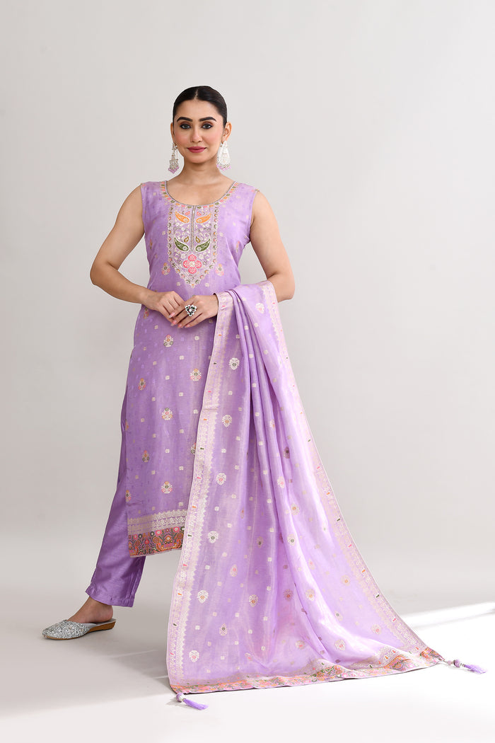 Mauve Banarasi Silk Floral Kurti Set