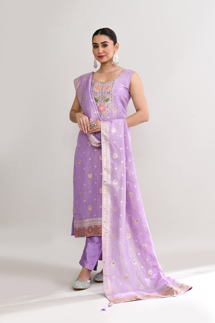 Mauve Banarasi Silk Floral Kurti Set