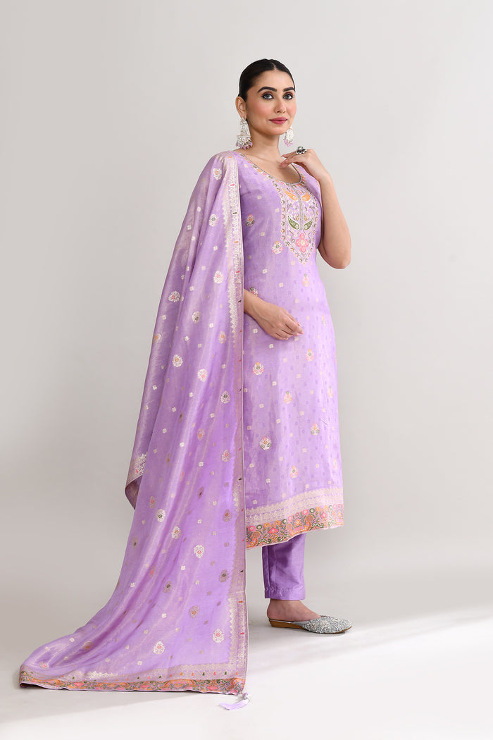 Mauve Banarasi Silk Floral Kurti Set