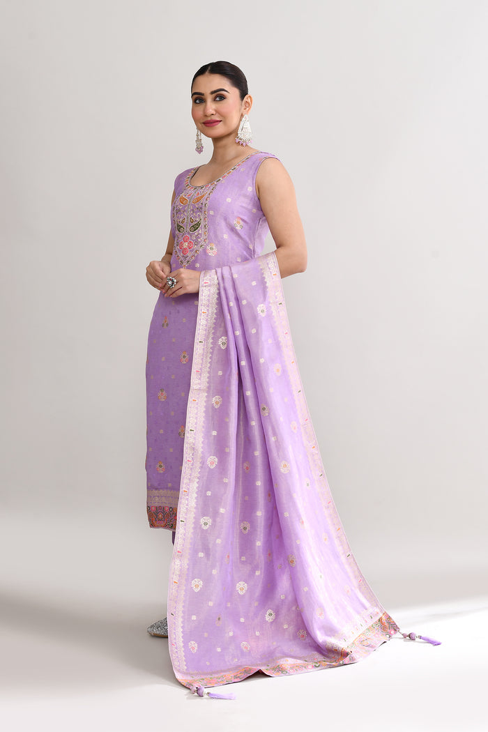 Mauve Banarasi Silk Floral Kurti Set