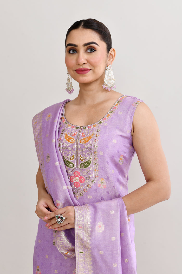 Mauve Banarasi Silk Floral Kurti Set