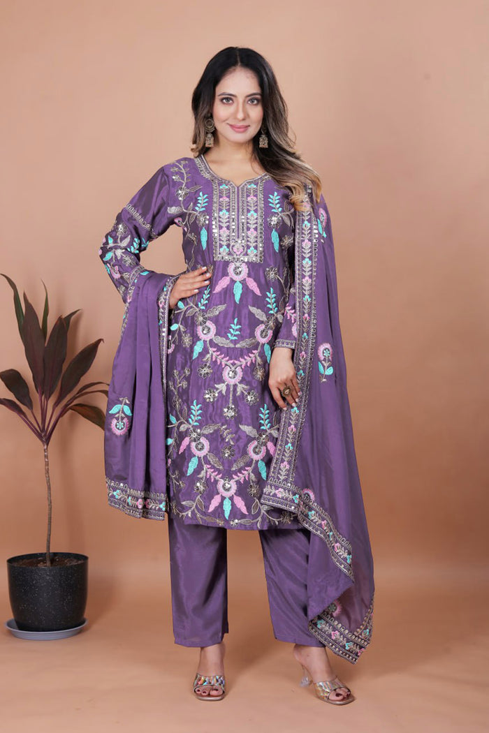 Mauve Purple Floral Embroidered Silk Kurta Set