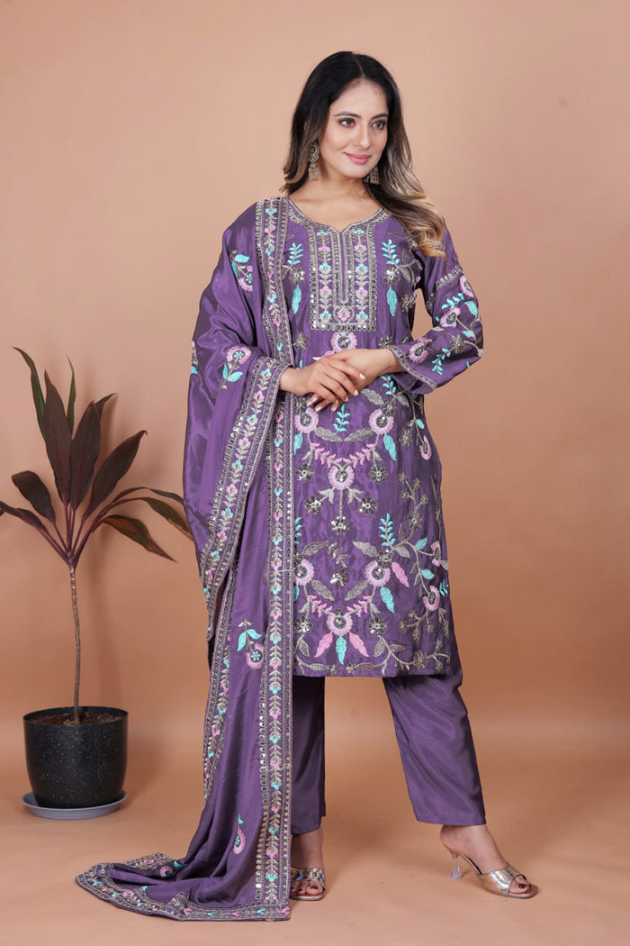 Mauve Purple Floral Embroidered Silk Kurta Set