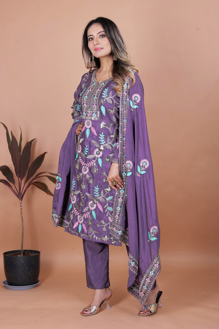 Mauve Purple Floral Embroidered Silk Kurta Set