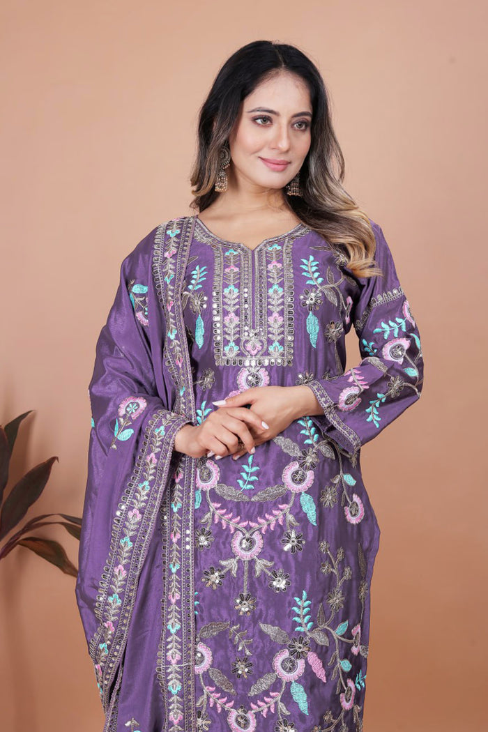 Mauve Purple Floral Embroidered Silk Kurta Set