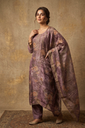 Mauve Purple Floral Printed Tissue Kurta Set