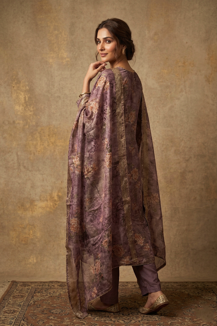 Mauve Purple Floral Printed Tissue Kurta Set