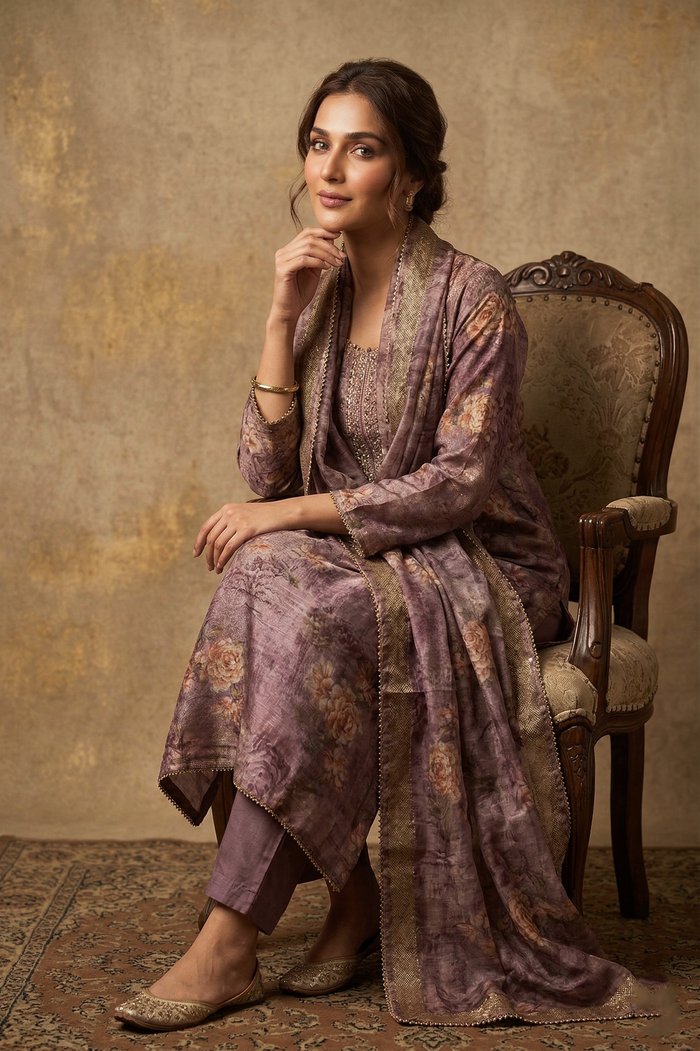 Mauve Purple Floral Printed Tissue Kurta Set