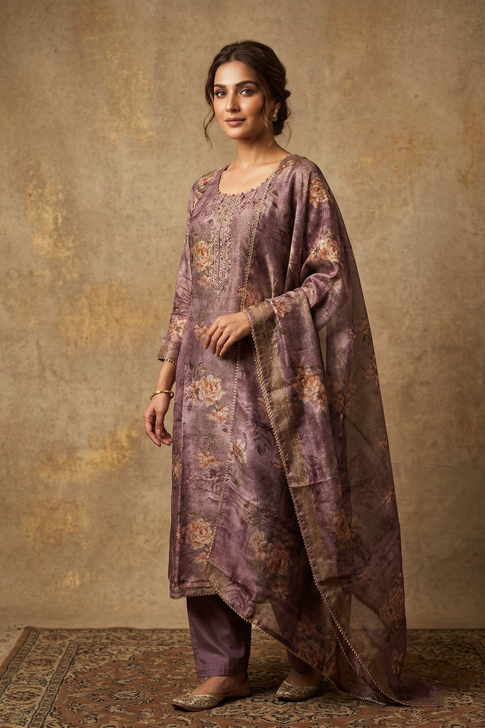 Mauve Purple Floral Printed Tissue Kurta Set