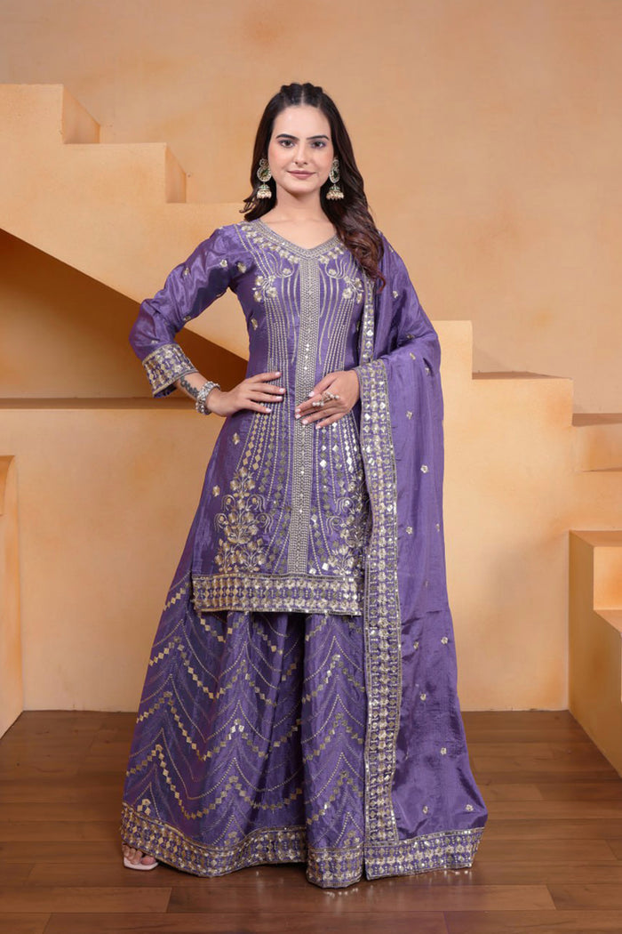 Mauve Purple Silk Embroidered Sharara Set