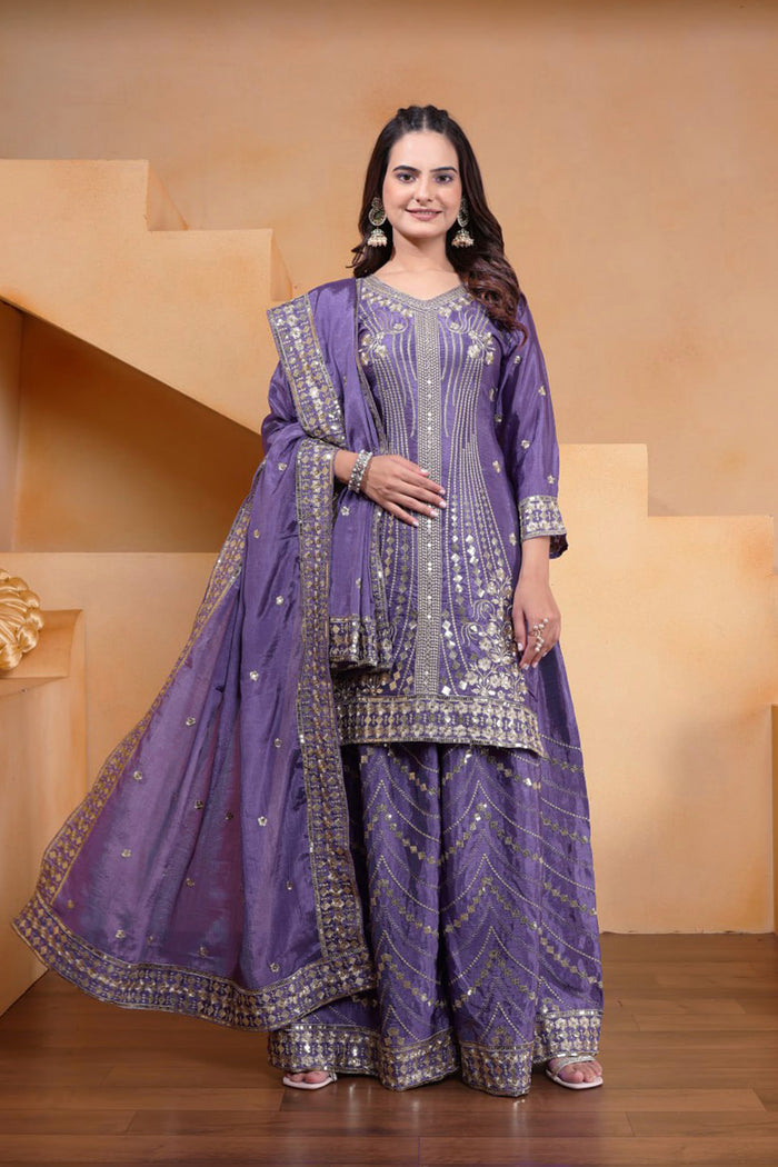 Mauve Purple Silk Embroidered Sharara Set