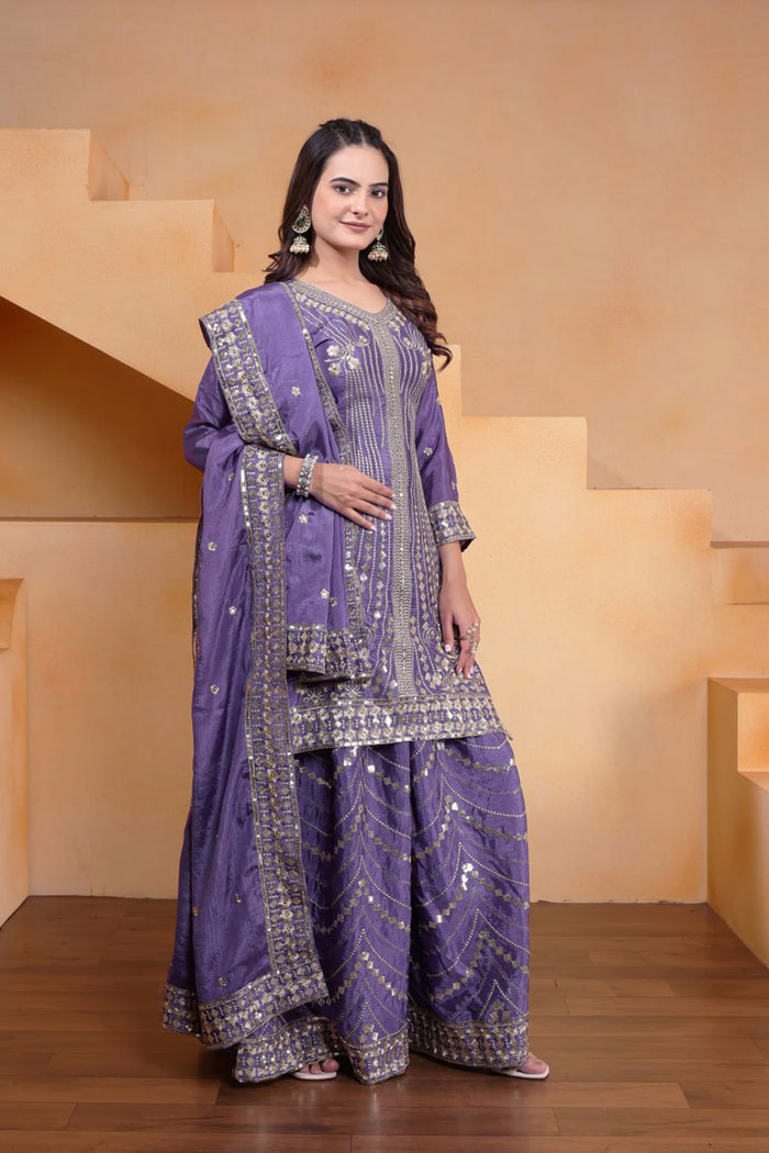 Mauve Purple Silk Embroidered Sharara Set