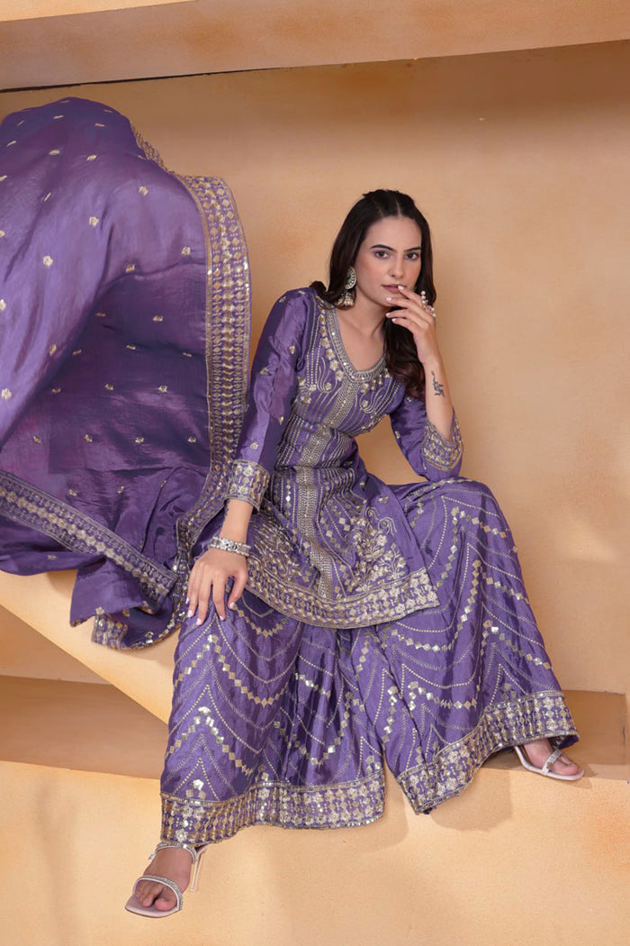 Mauve Purple Silk Embroidered Sharara Set