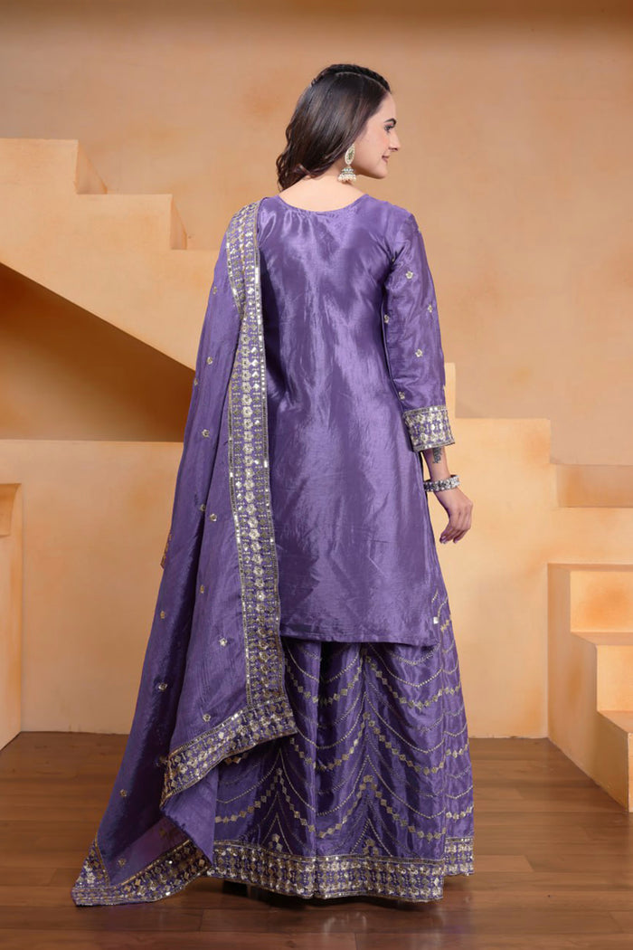 Mauve Purple Silk Embroidered Sharara Set