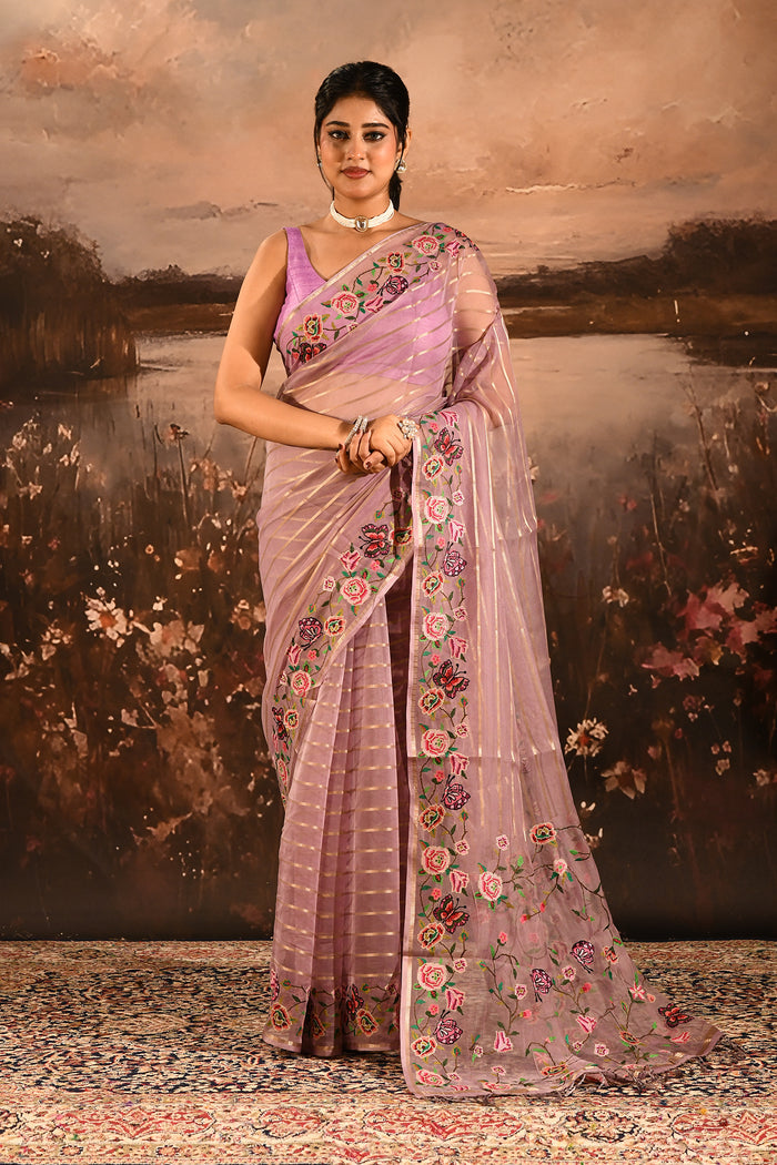 Mauve Sheer Striped With Butterfly And Floral Embroidered Border Designer Saree