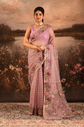 Mauve Sheer Striped With Butterfly And Floral Embroidered Border Designer Saree