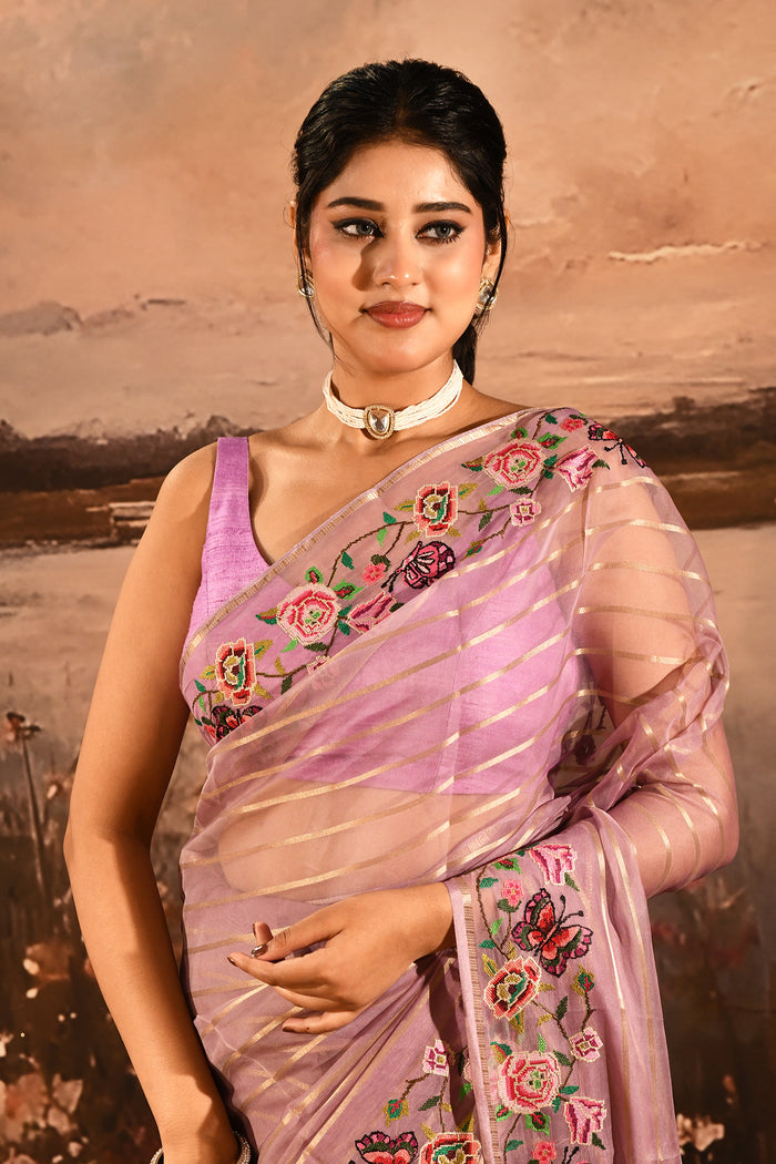 Mauve Sheer Striped With Butterfly And Floral Embroidered Border Designer Saree