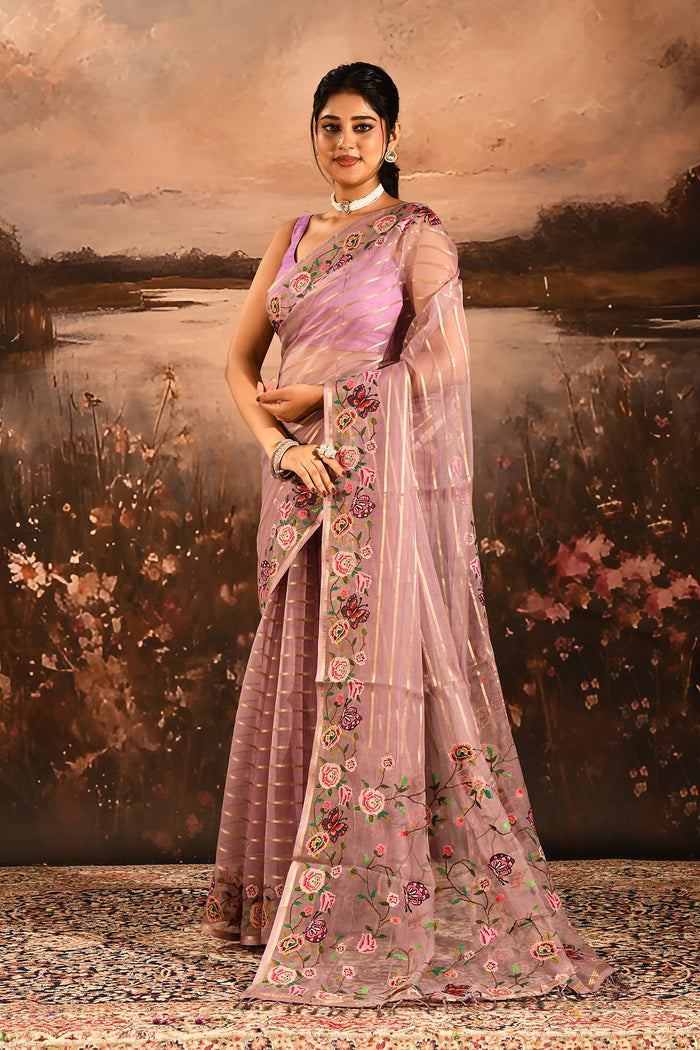Mauve Sheer Striped With Butterfly And Floral Embroidered Border Designer Saree
