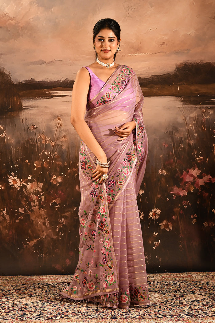 Mauve Sheer Striped With Butterfly And Floral Embroidered Border Designer Saree