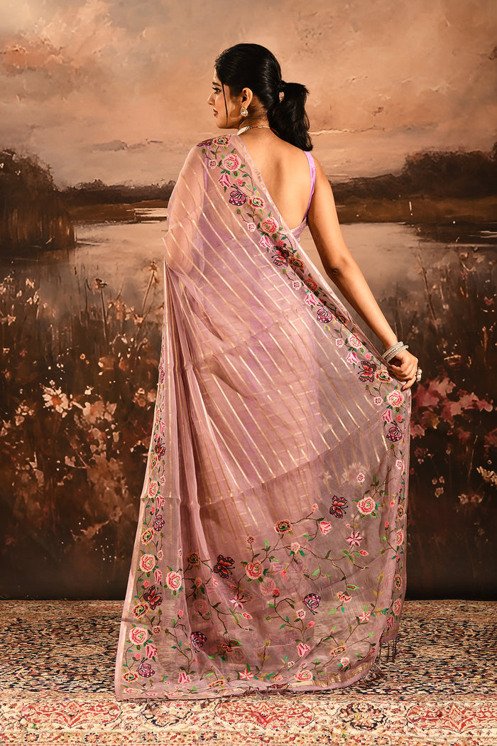 Mauve Sheer Striped With Butterfly And Floral Embroidered Border Designer Saree